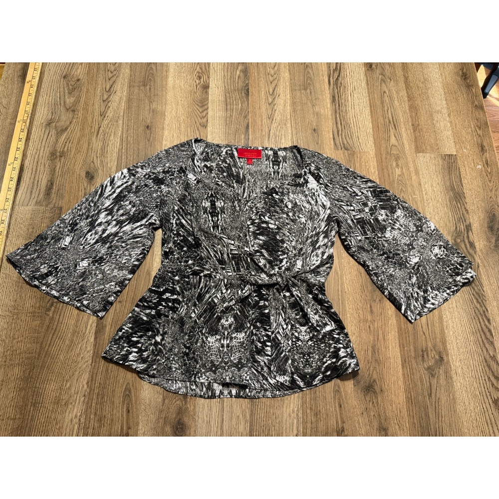 Jennifer Lopez Shirts Womens XS Black White Wrap Blouse Abstract Animal Print